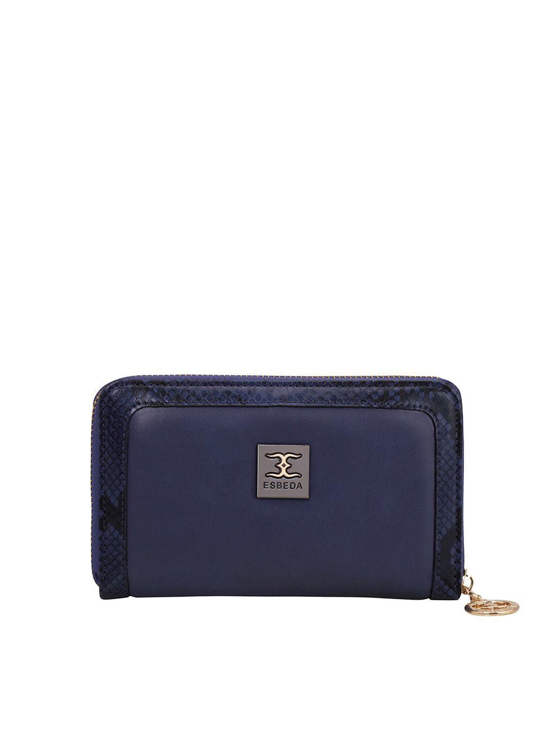 esbeda women navy blue printed zip around wallet