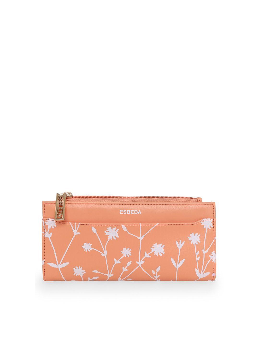 esbeda women orange & white floral printed zip detail two fold wallet