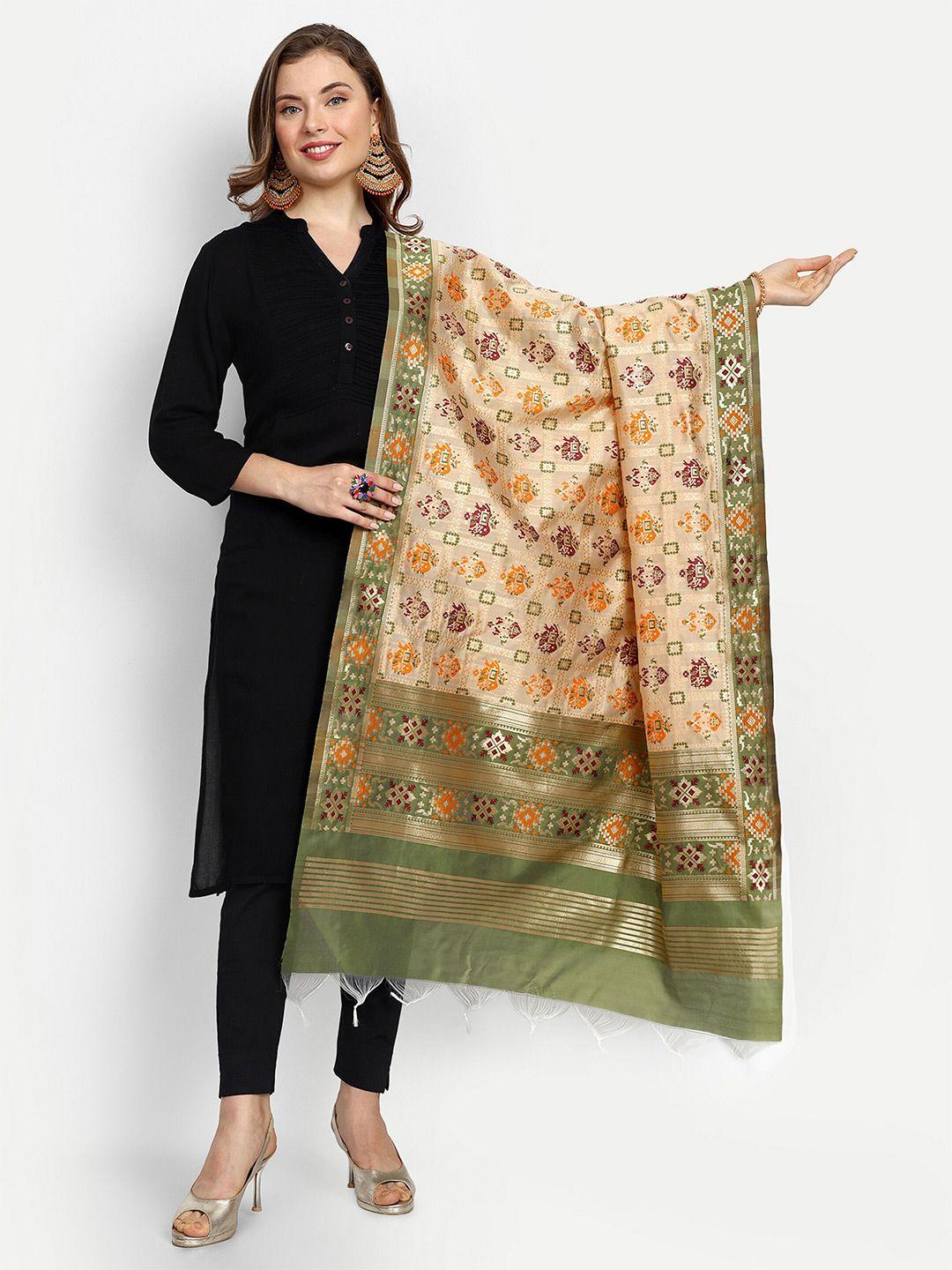 escora beige & green ethnic motifs woven design art silk dupatta with zari