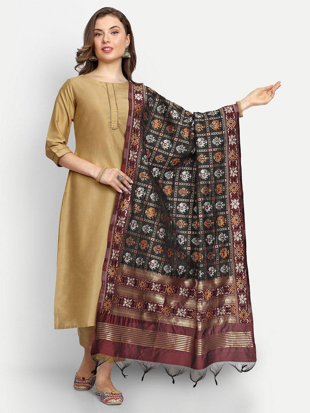 escora black & brown ethnic motifs woven design art silk dupatta with zari