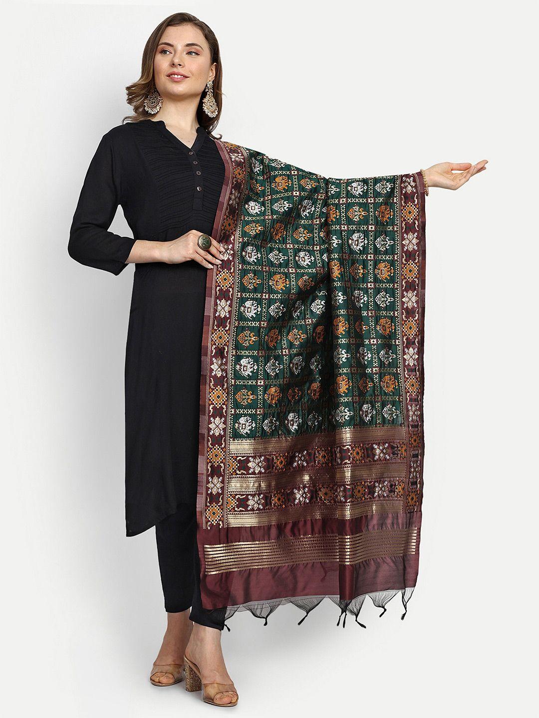 escora green & brown ethnic motifs woven design art silk dupatta with zari