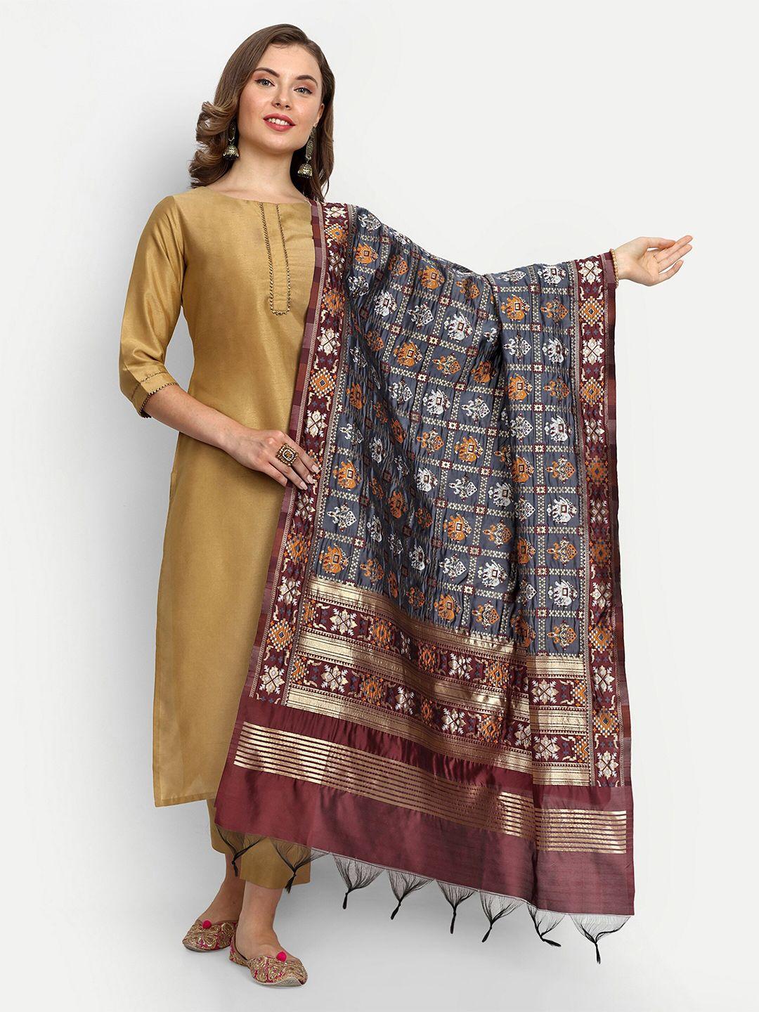 escora grey & brown ethnic motifs woven design art silk dupatta with zari