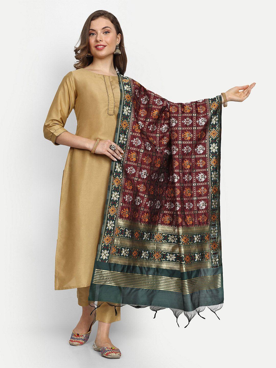 escora maroon & green ethnic motifs woven design art silk dupatta with zari