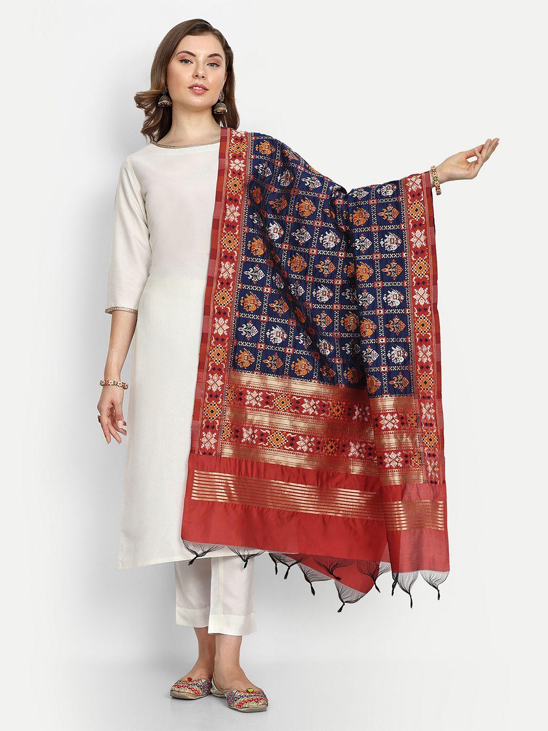 escora navy blue & red ethnic motifs woven design art silk dupatta with zari
