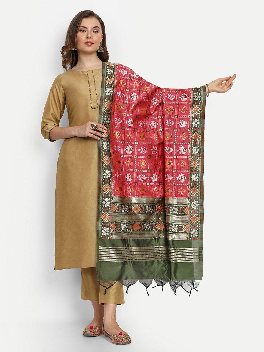 escora pink & green ethnic motifs woven design art silk dupatta with zari