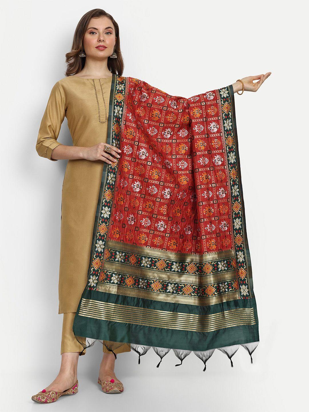 escora red & green ethnic motifs woven design art silk dupatta with zari