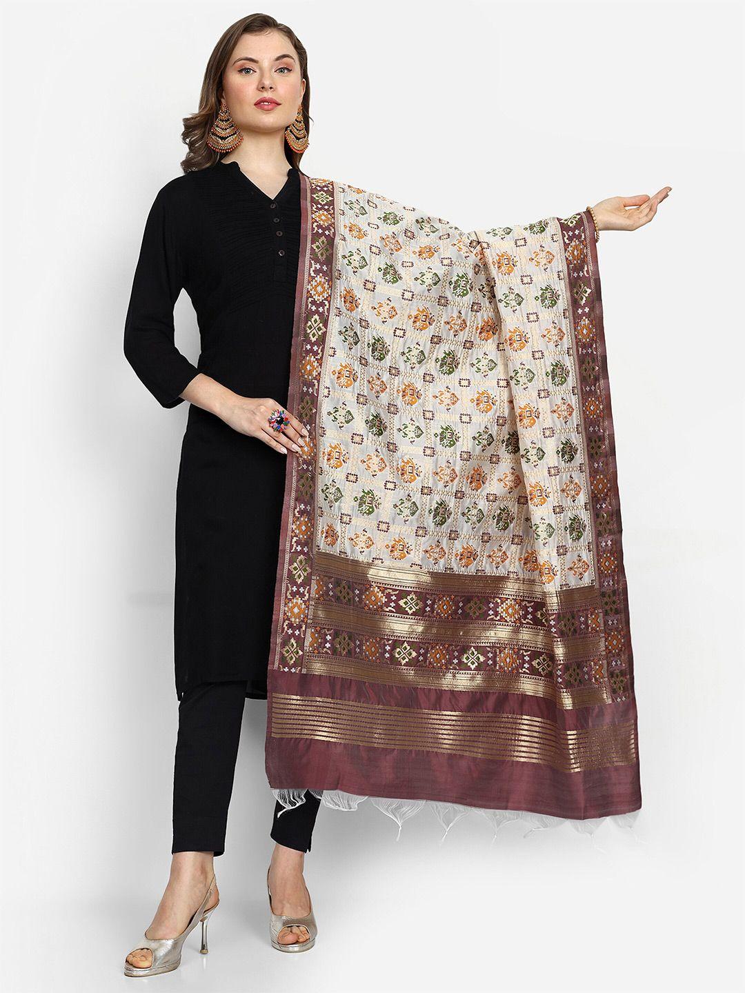 escora white & brown ethnic motifs woven design art silk dupatta with zari