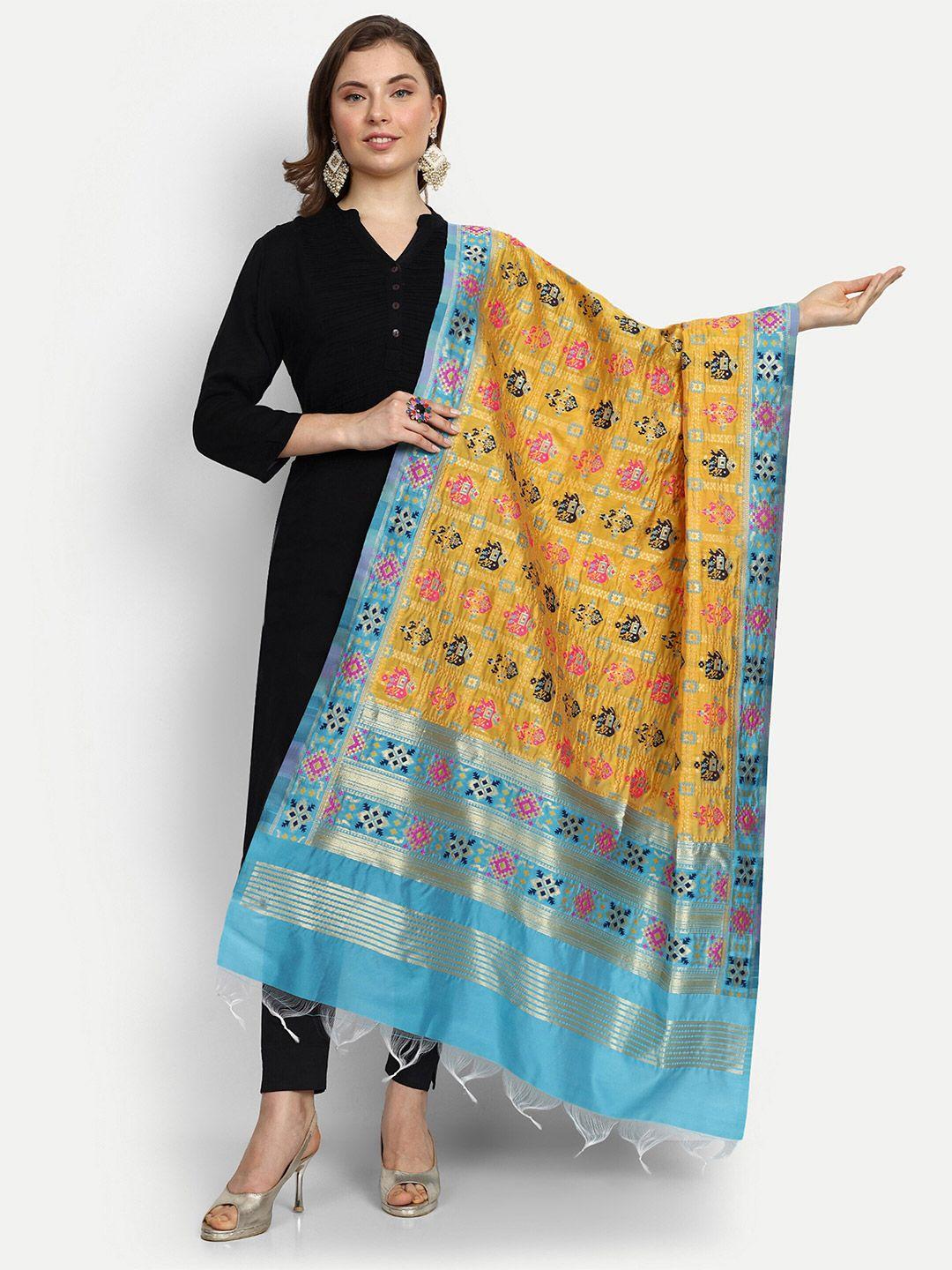 escora yellow & blue ethnic motifs woven design art silk dupatta with zari