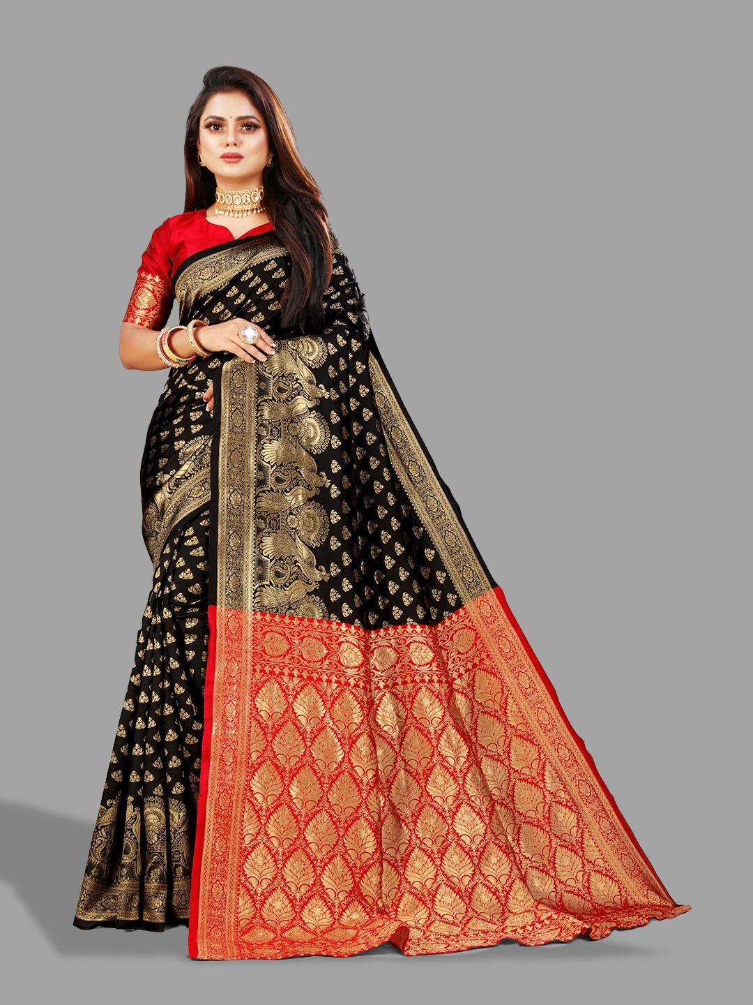 eshami black & red woven design zari silk blend banarasi saree