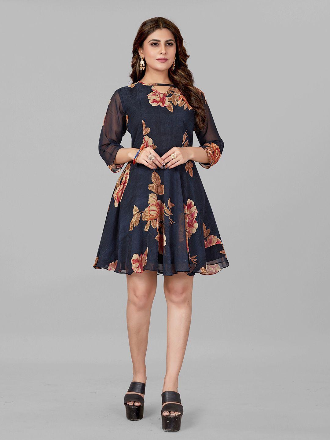 eshami floral print keyhole neck georgette ethnic fit & flare dress