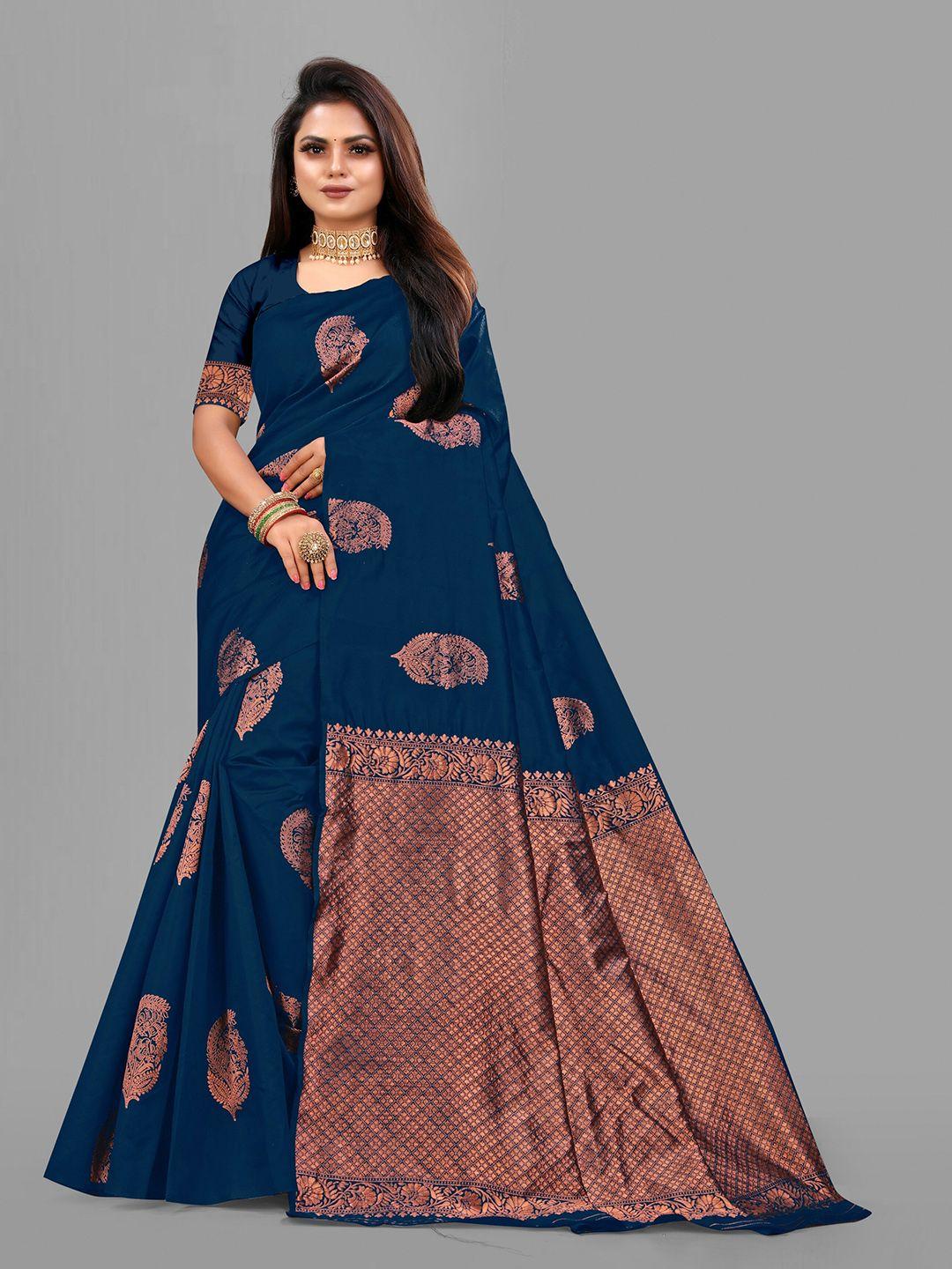 eshami navy blue & bronze-toned ethnic motifs woven design zari saree