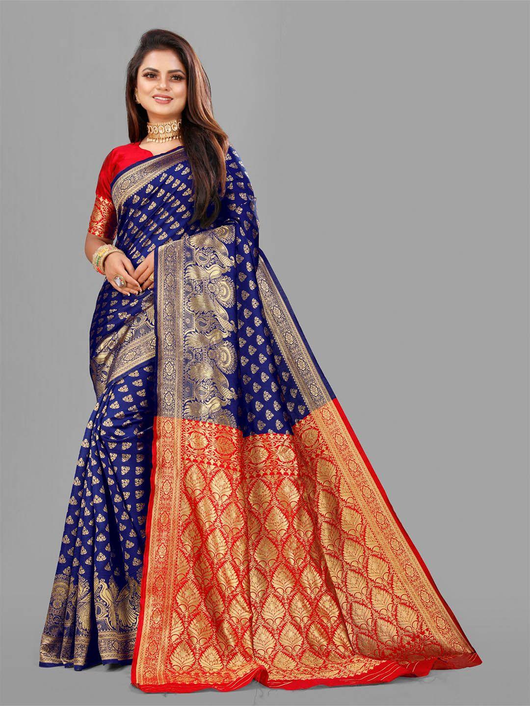 eshami navy blue & red woven design zari silk blend banarasi saree