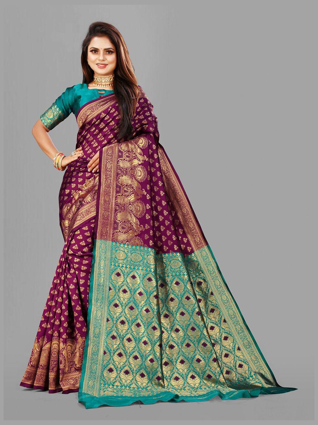 eshami purple & gold-toned ethnic motifs zari silk blend banarasi saree