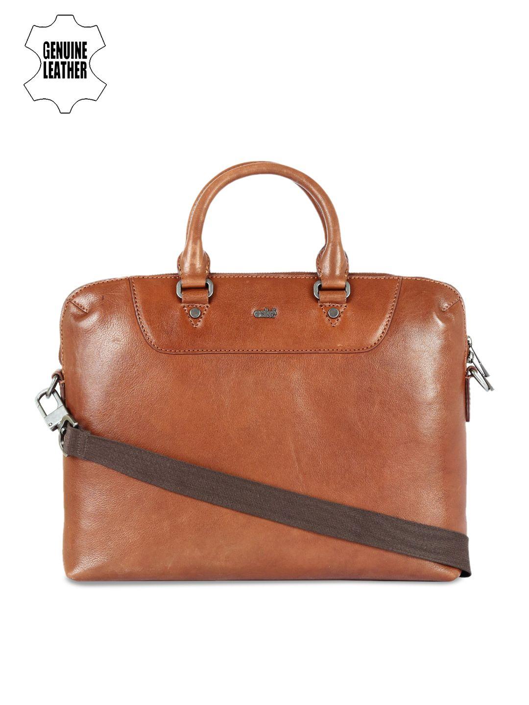 eske men brown solid leather laptop bag