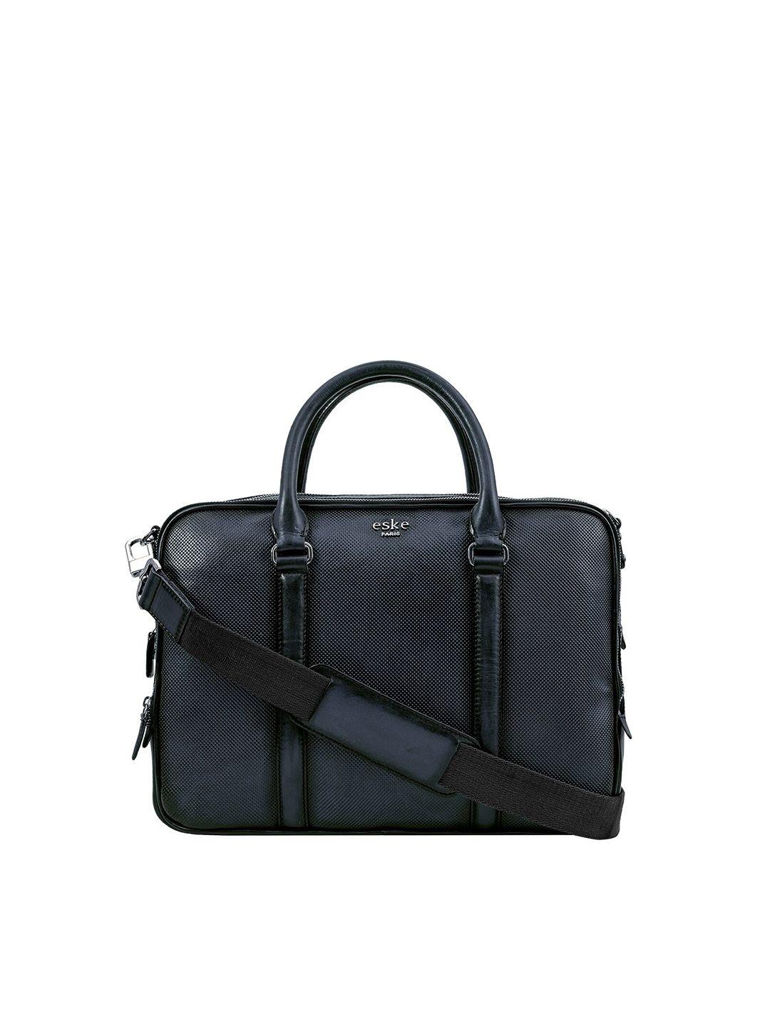 eske men navy blue textured leather laptop bag