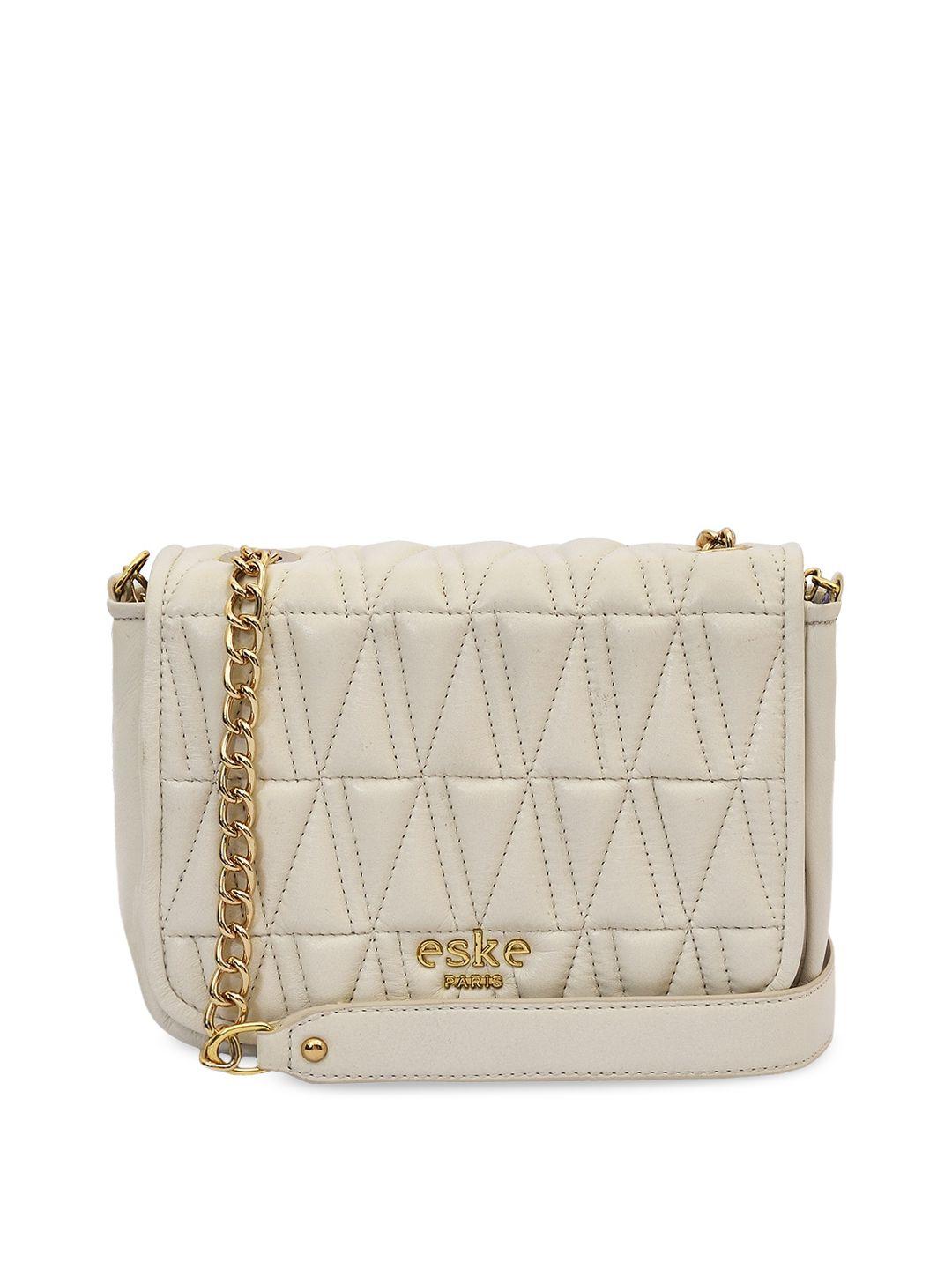 eske white textured leather structured sling bag with quilted