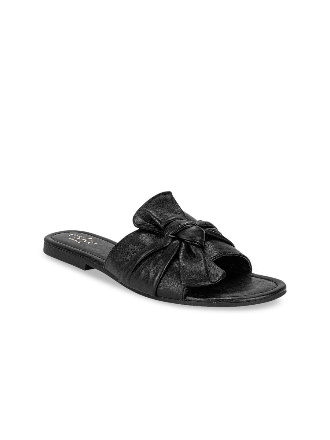 eske women black solid leather open toe flats