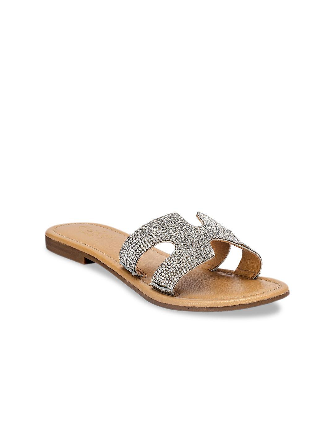 eske women silver-toned embellished leather open toe flats