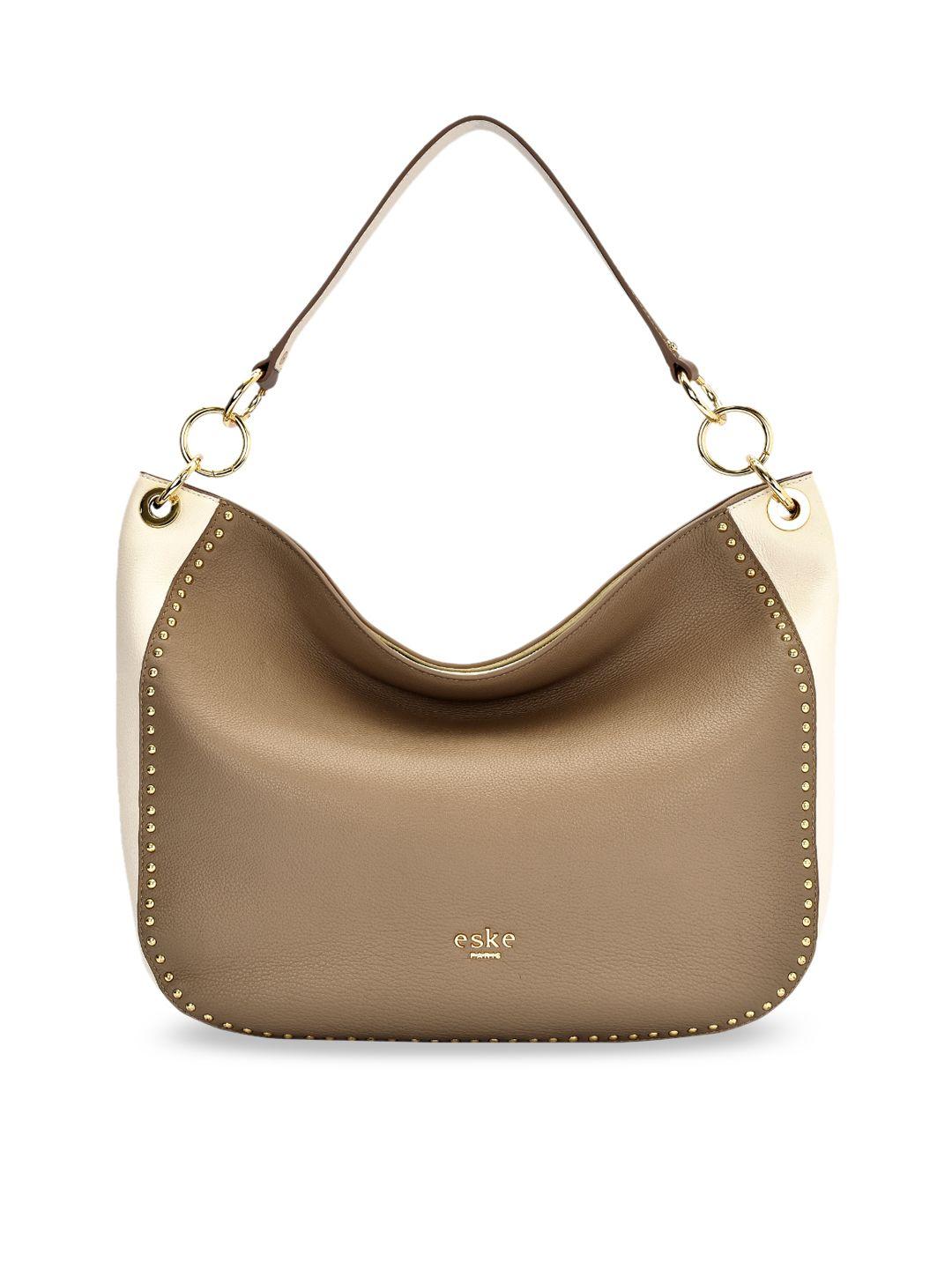 eske beige colourblocked hobo leather bag