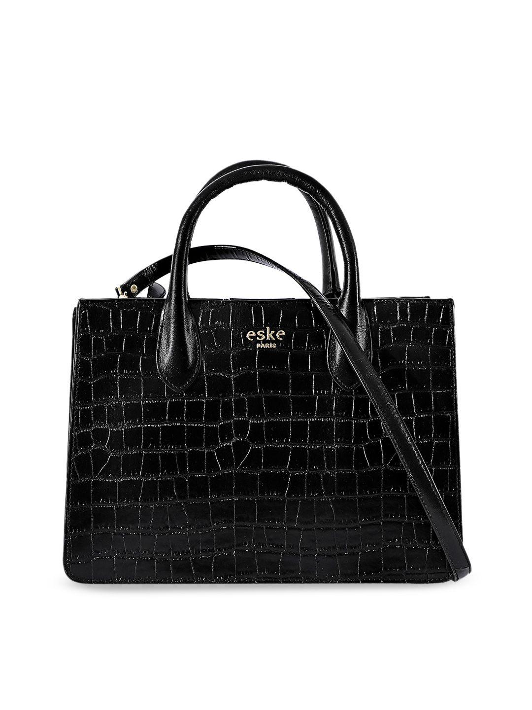 eske black animal textured leather structured handheld bag
