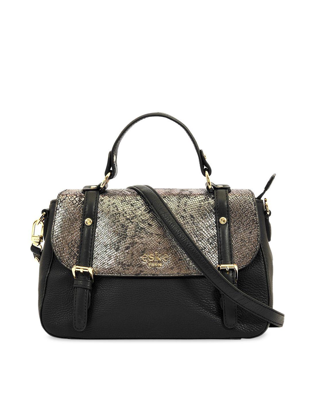 eske black animal textured leather structured satchel