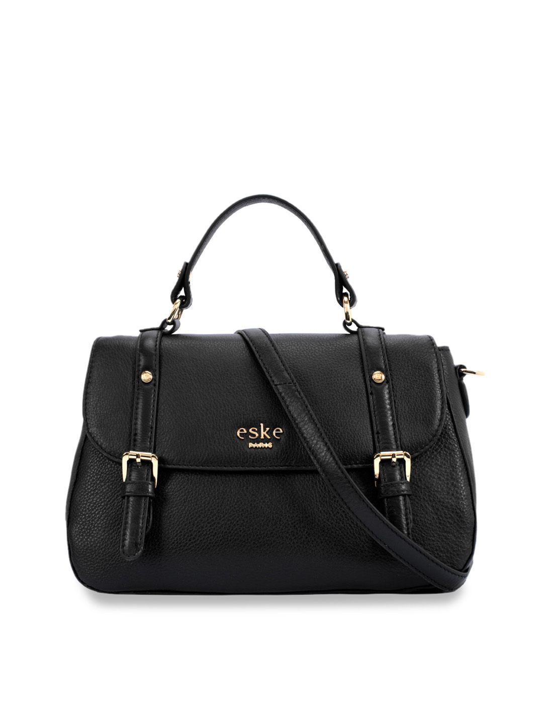 eske black solid leather satchel bag