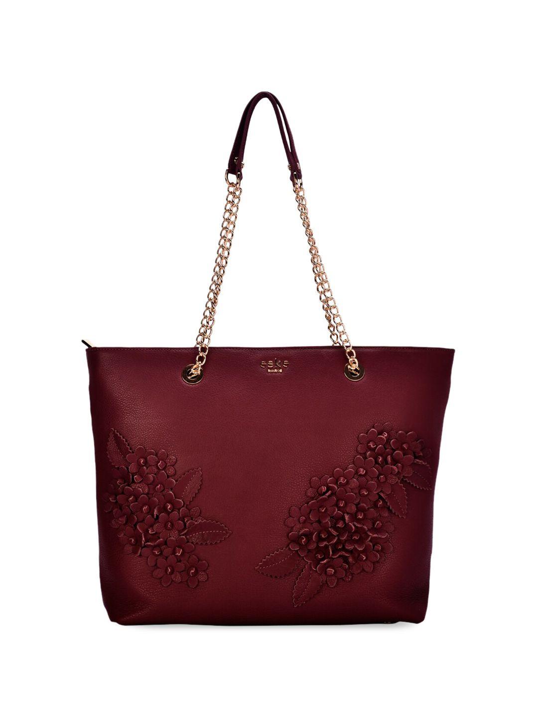 eske floral embellished leather structured shoulder bag with applique work