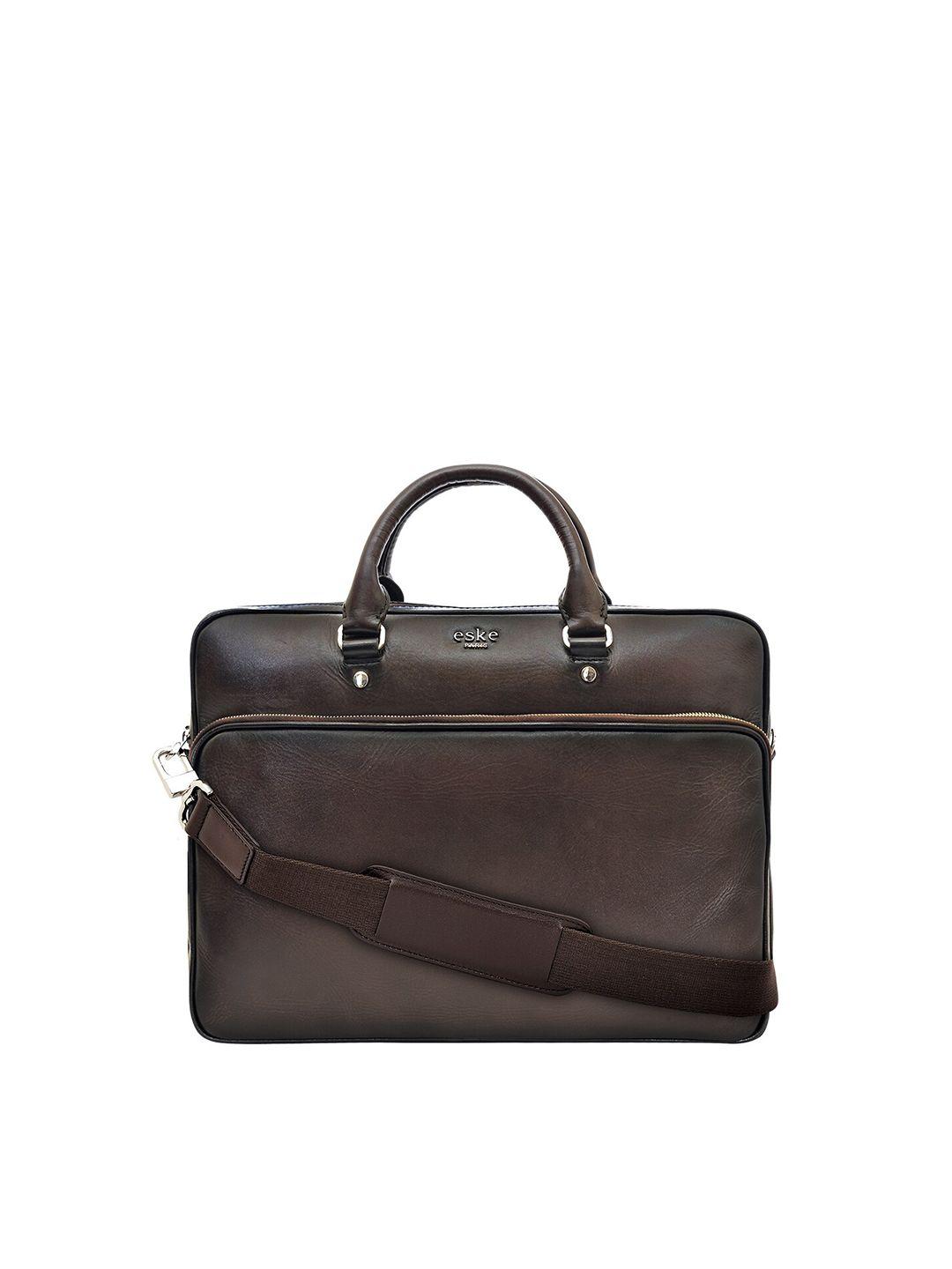 eske men brown & black solid leather laptop bag