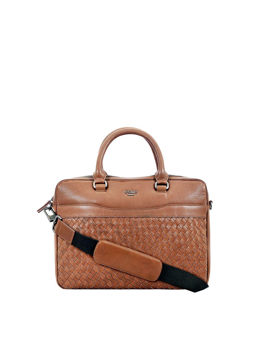 eske men brown & black textured leather laptop bag