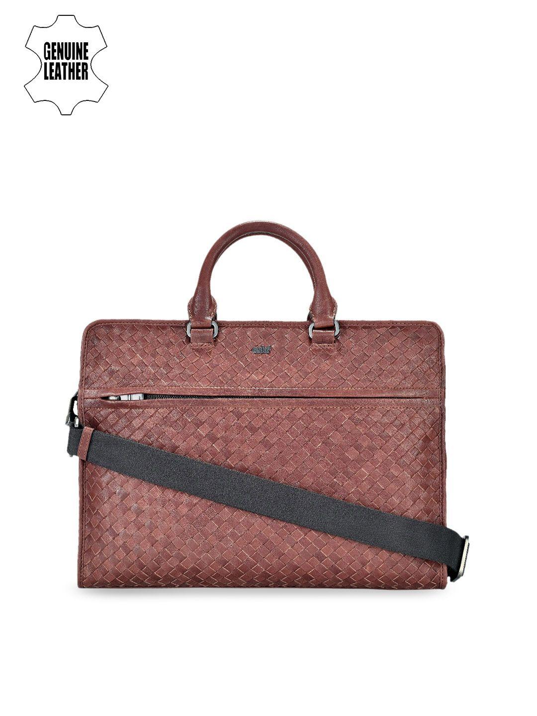 eske men brown leather textured laptop bag with sling strap