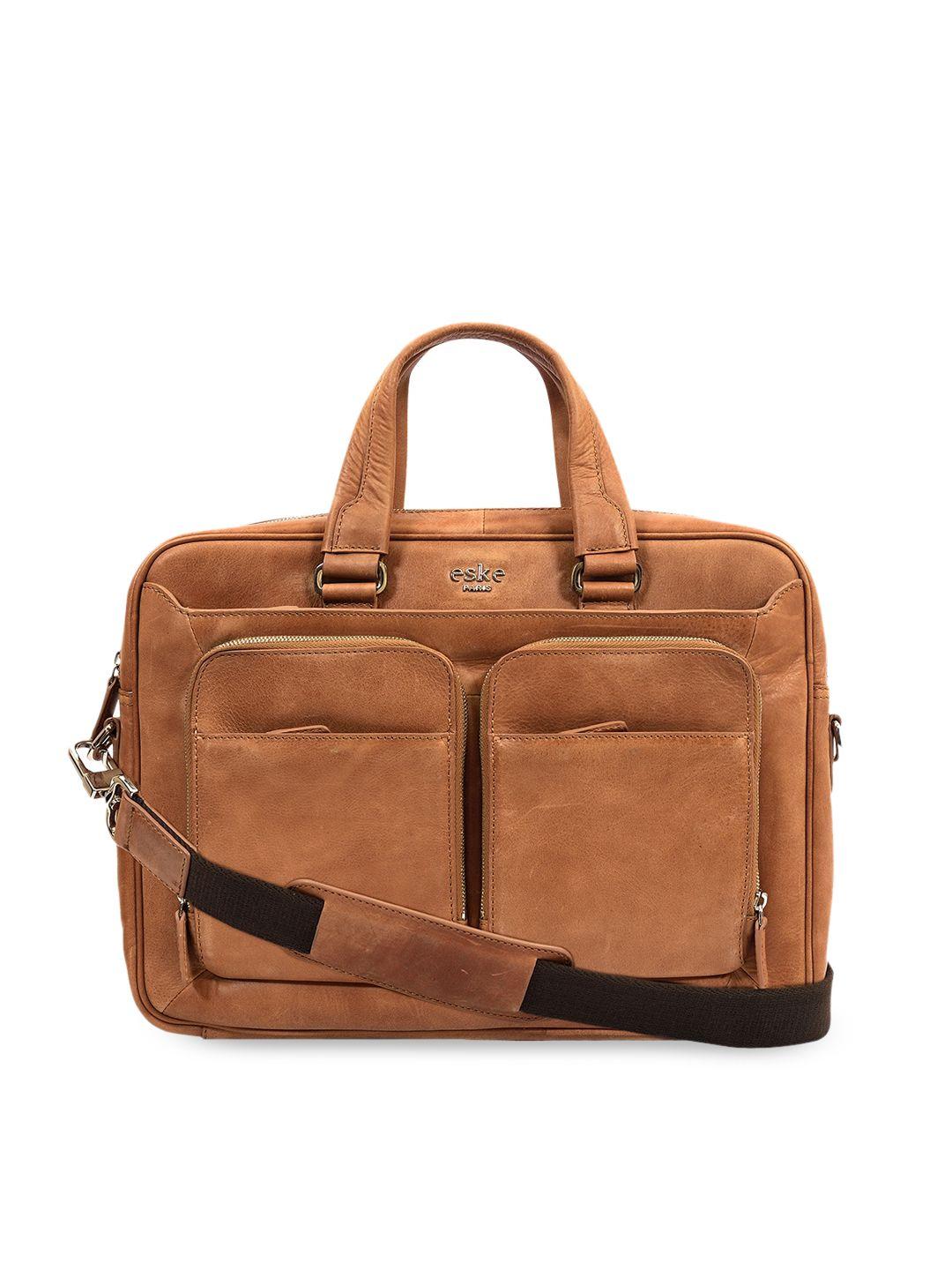 eske men brown solid leather laptop bag
