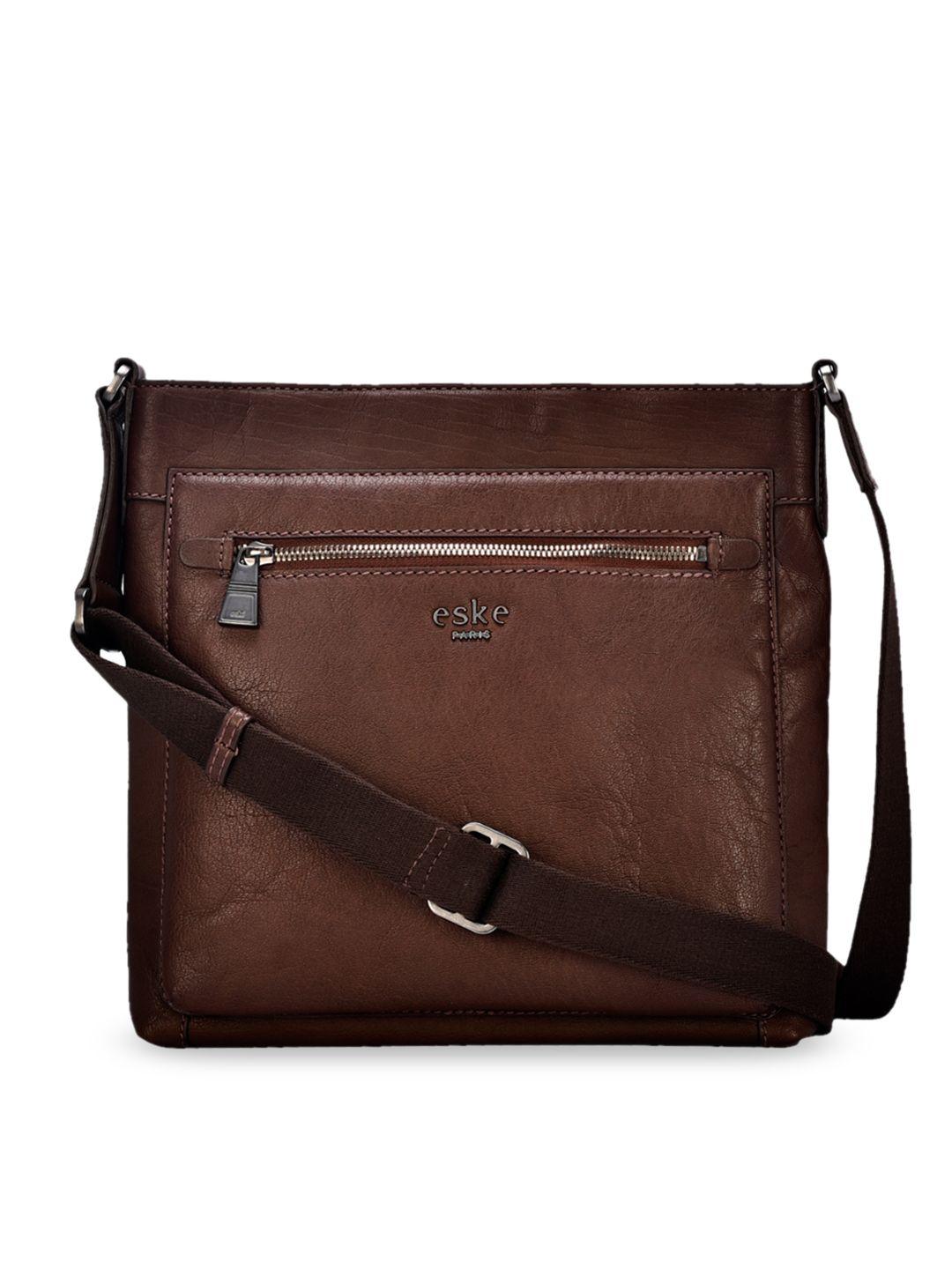 eske men brown solid leather messenger bag