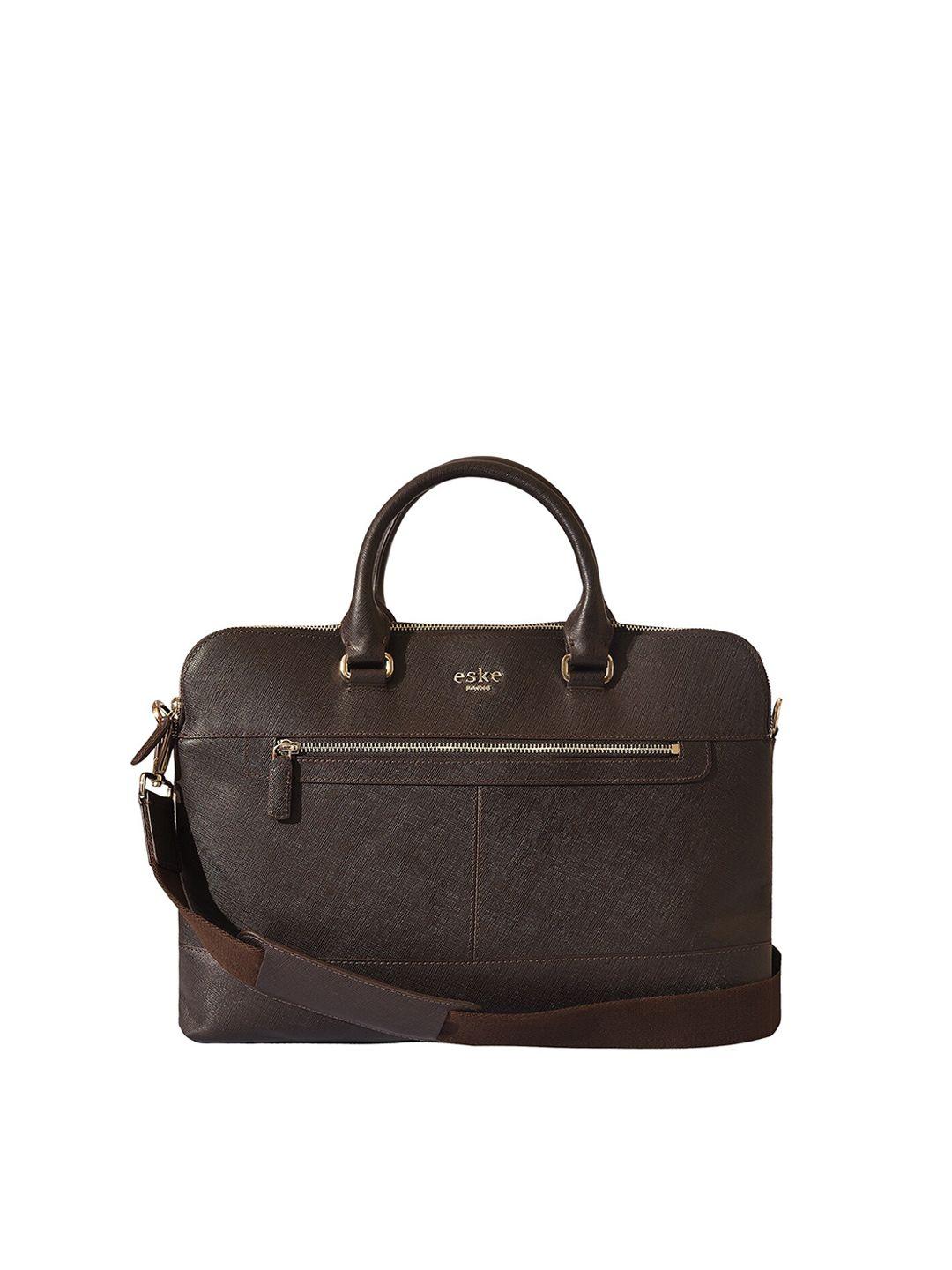 eske men brown textured leather laptop bag