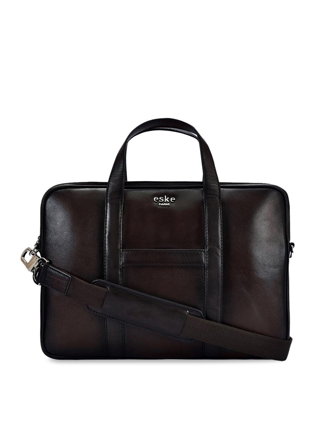 eske men maroon & black colourblocked leather laptop bag