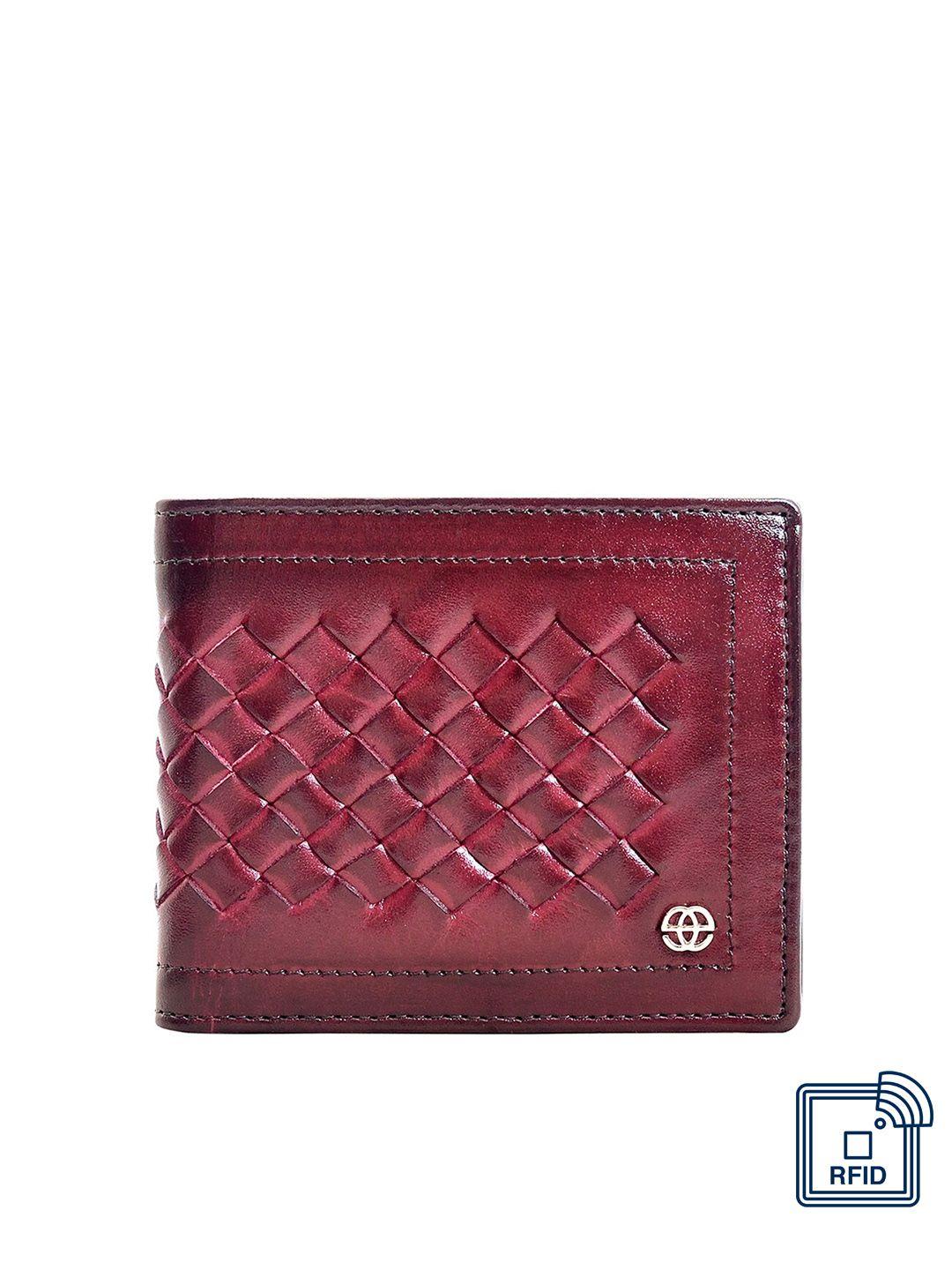 eske men maroon woven design leather two fold wallet