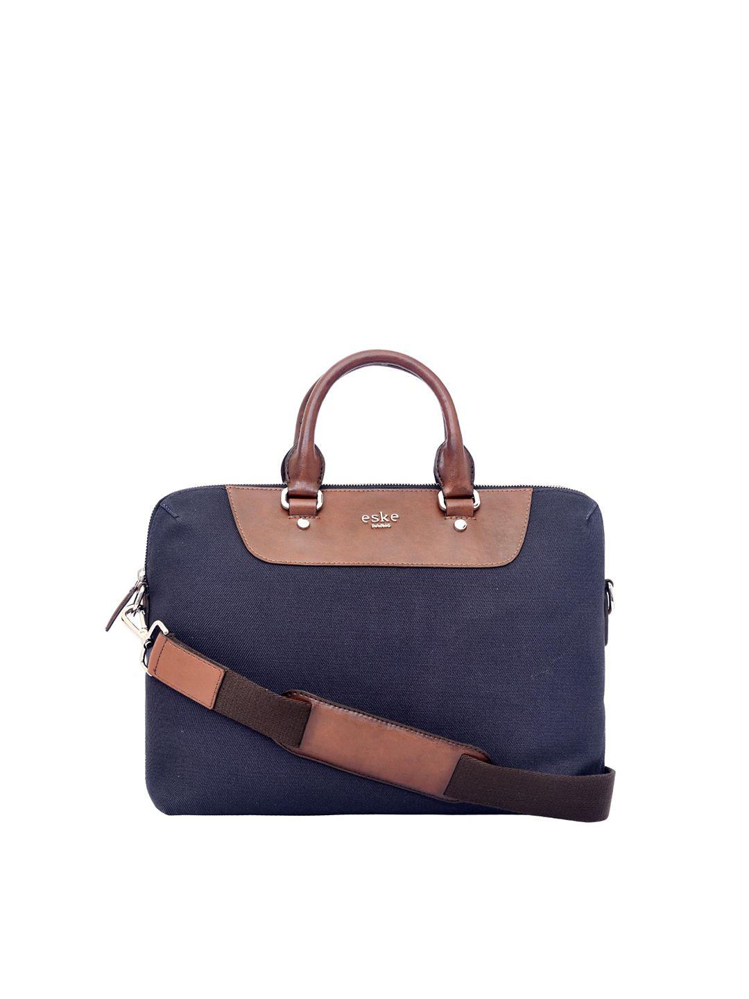 eske men navy blue & brown leather laptop bag