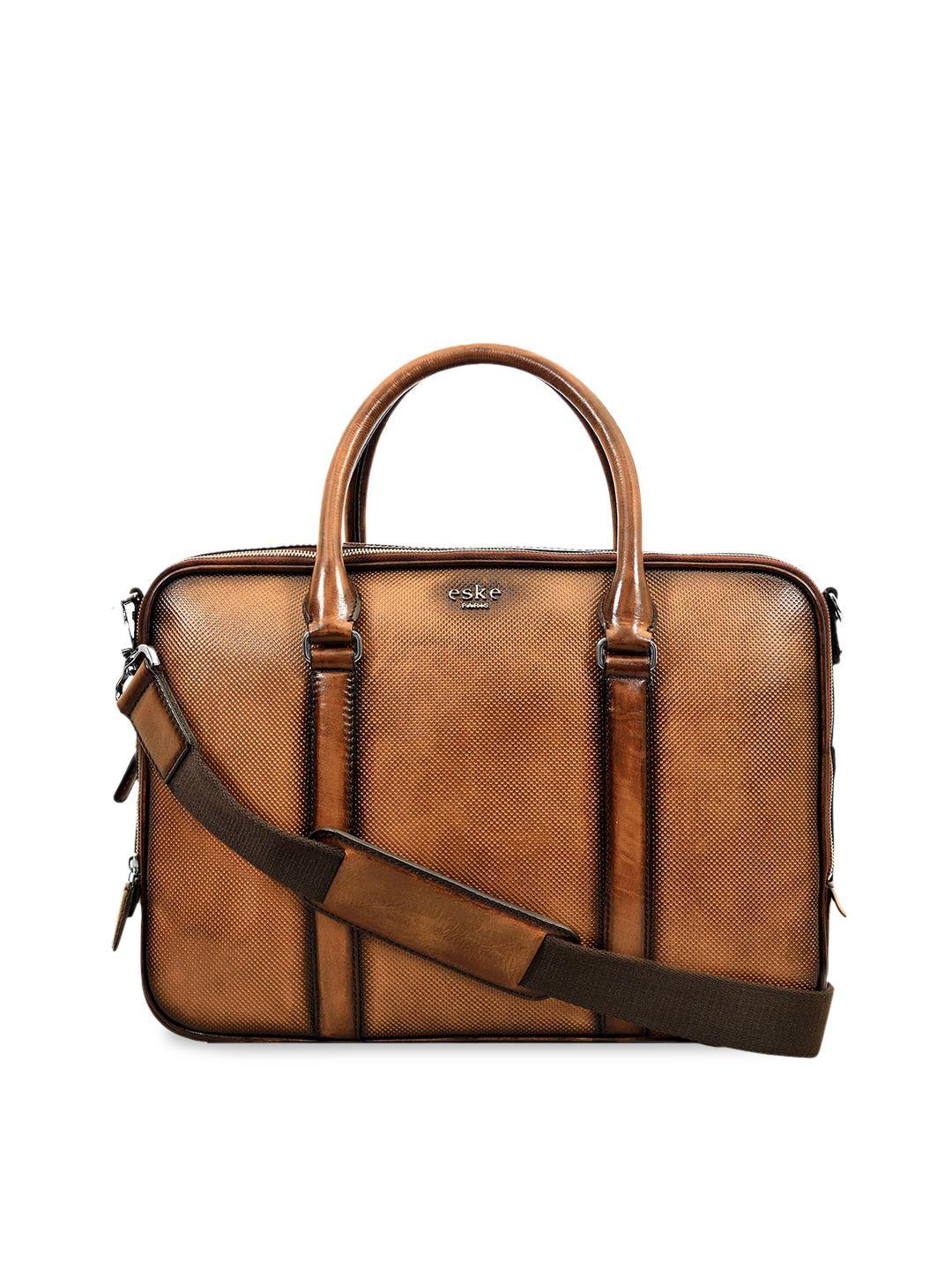 eske men tan brown & black textured 17 inch  leather laptop bag