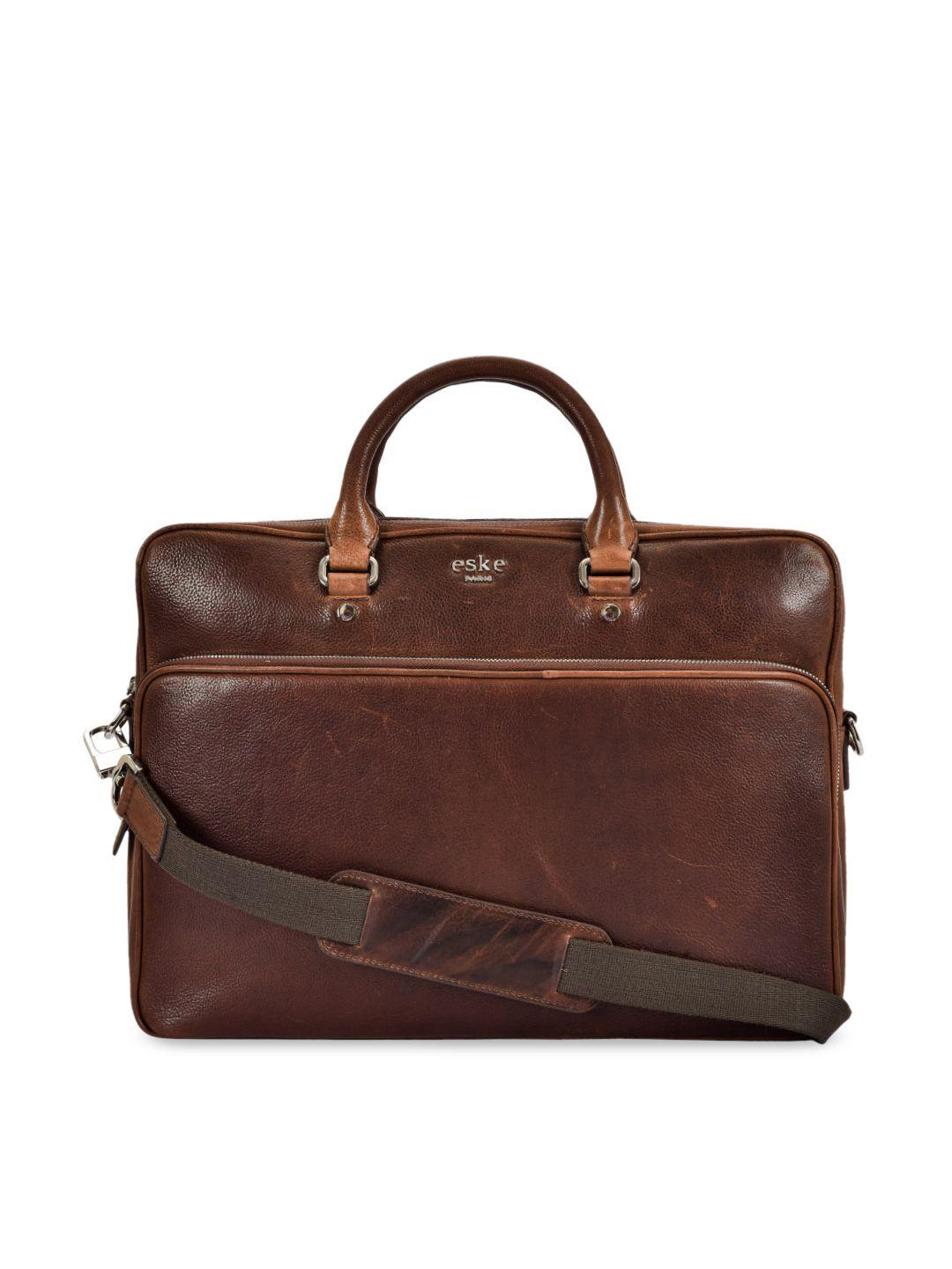 eske men tan brown solid 15 inch leather laptop bag