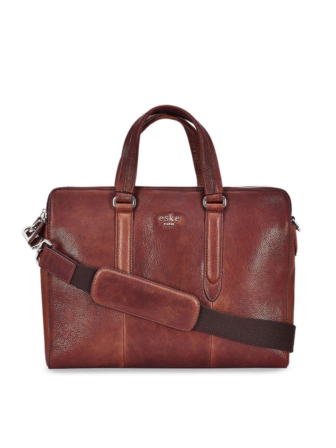 eske men tan brown solid beuth leather laptop bag