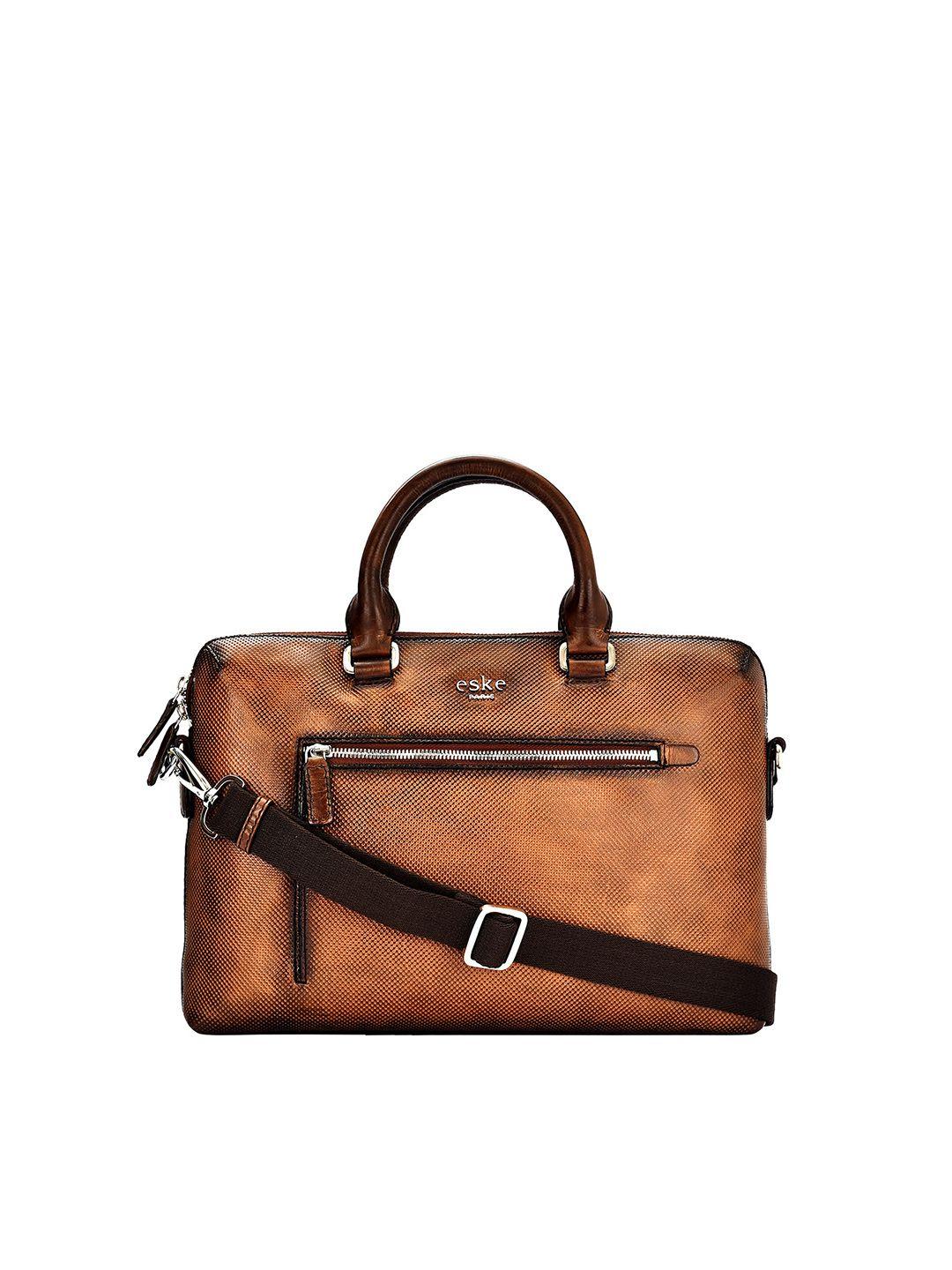 eske men tan brown textured leather laptop bag
