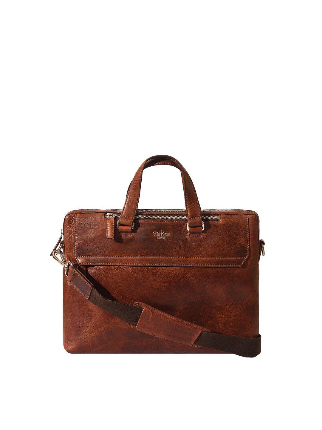 eske men tan textured leather laptop bag