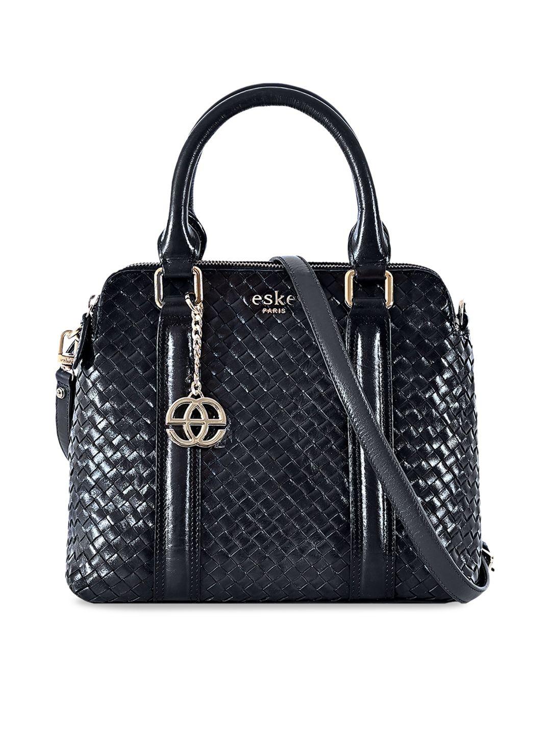 eske navy blue geometric textured leather structured satchel with quilted