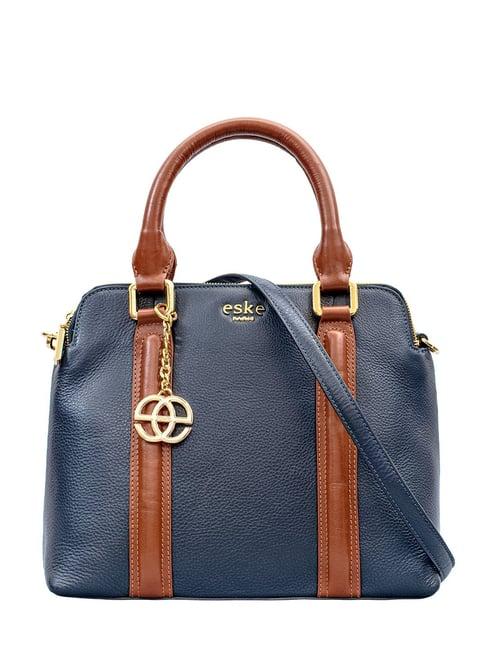 eske navy large leather satchel handbag