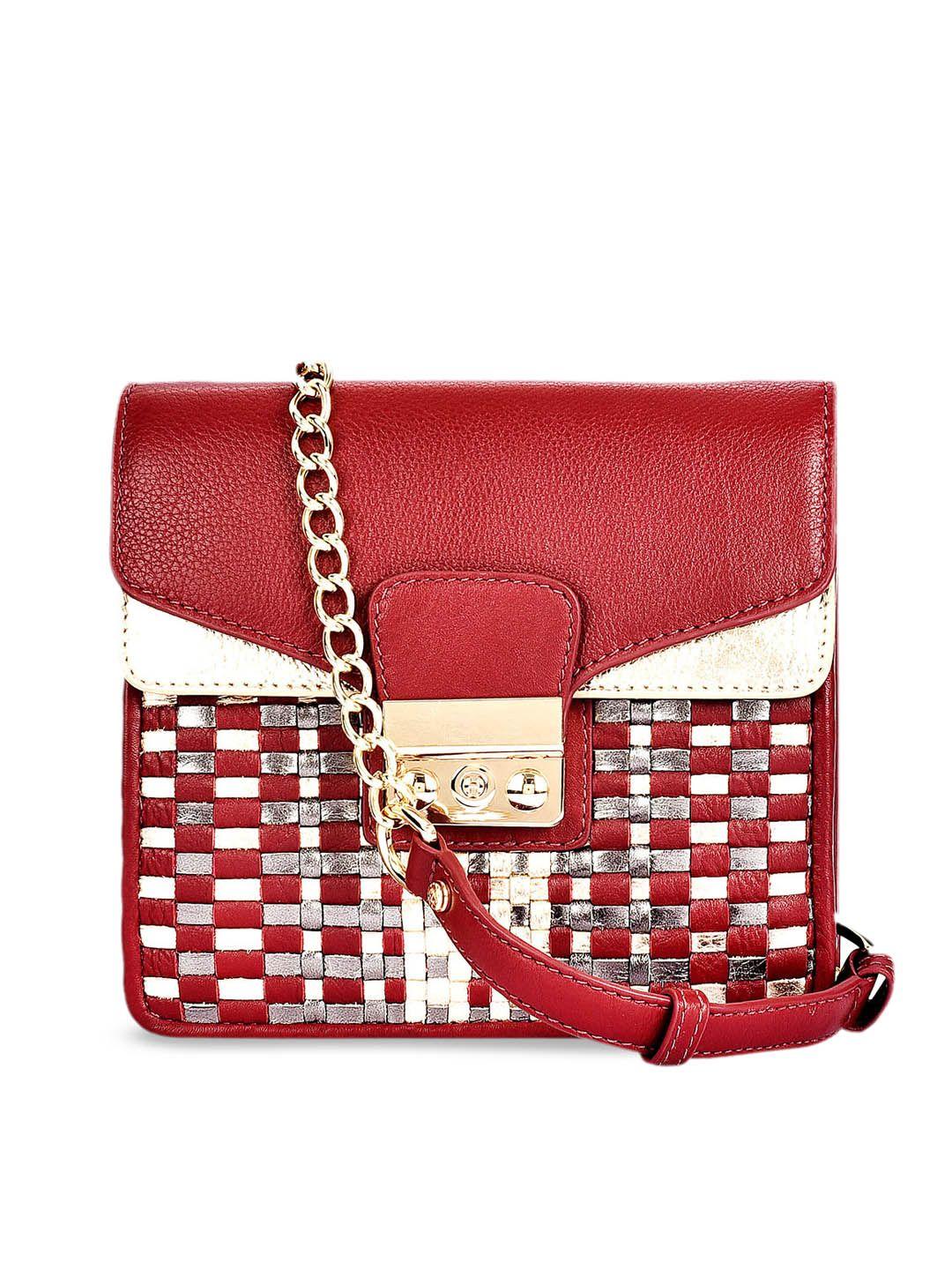 eske red & beige self design leather sling bag