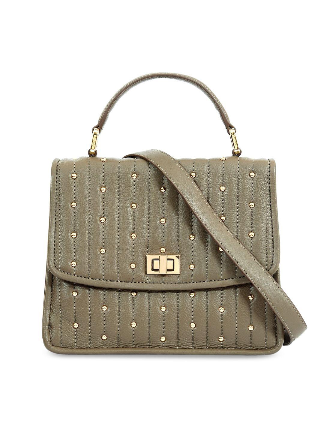 eske taupe embellished leather structured handheld bag