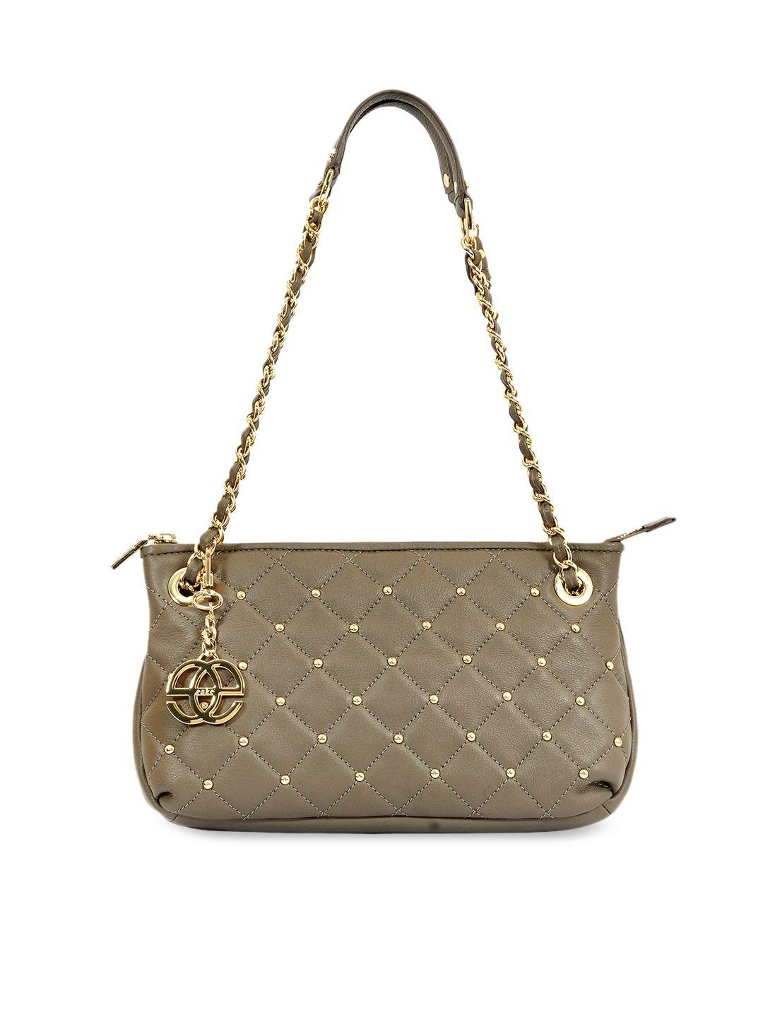 eske taupe embellished leather structured shoulder bag with quilted