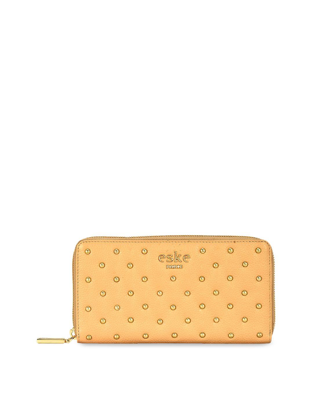 eske women beige embellished leather zip around wallet