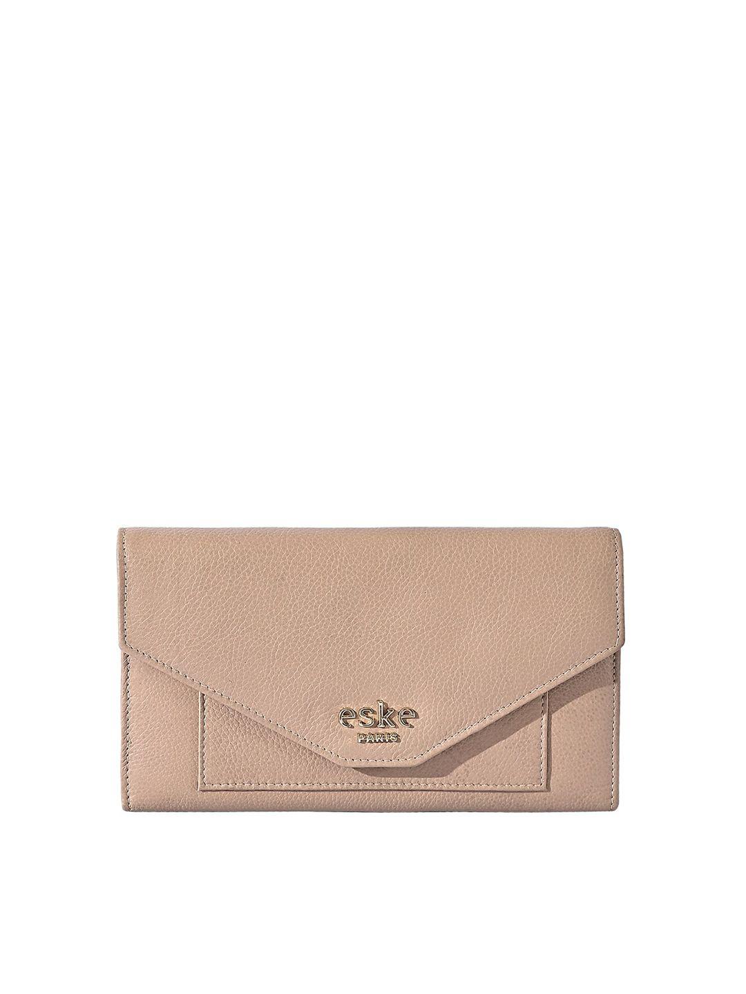 eske women beige leather three fold wallet