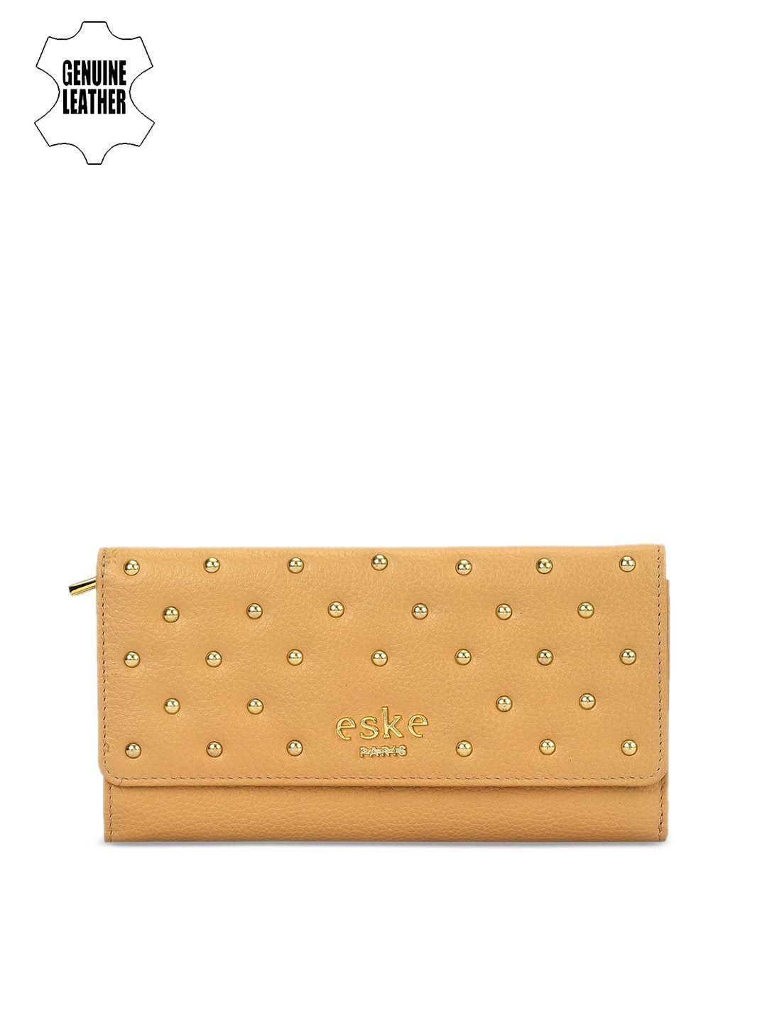 eske women beige self design zip around leather wallet