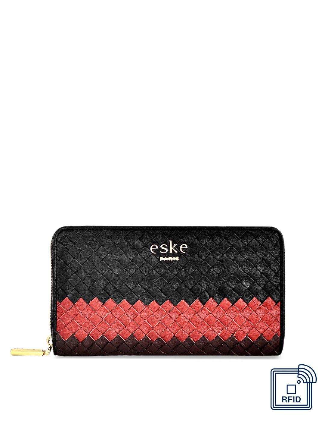 eske women black & pink textured zip around leather wallet